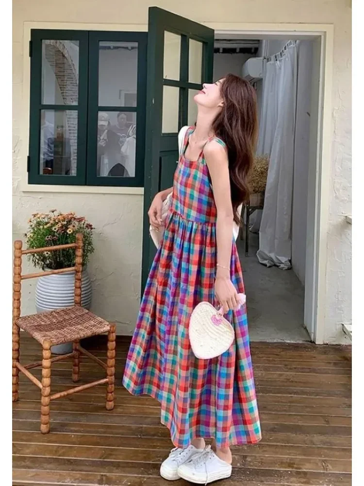 CHICMORE Gaun casual motif kotak-kotak dengan kerah persegi dan rok a-line untuk wanita