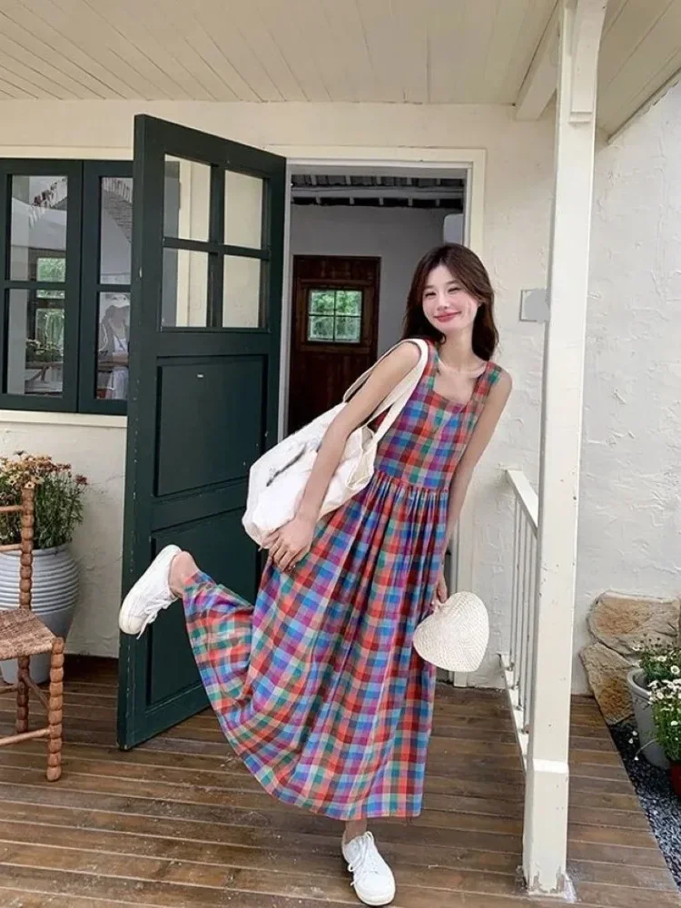 CHICMORE Gaun casual motif kotak-kotak dengan kerah persegi dan rok a-line untuk wanita