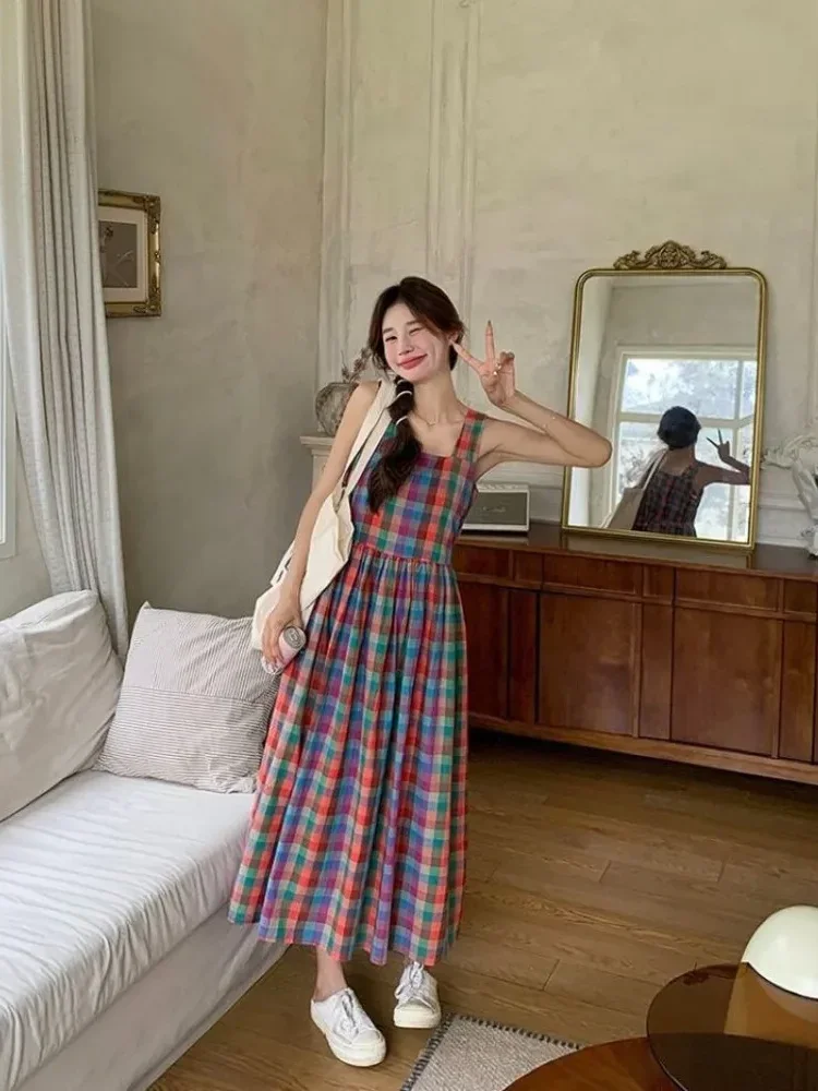 CHICMORE Gaun casual motif kotak-kotak dengan kerah persegi dan rok a-line untuk wanita