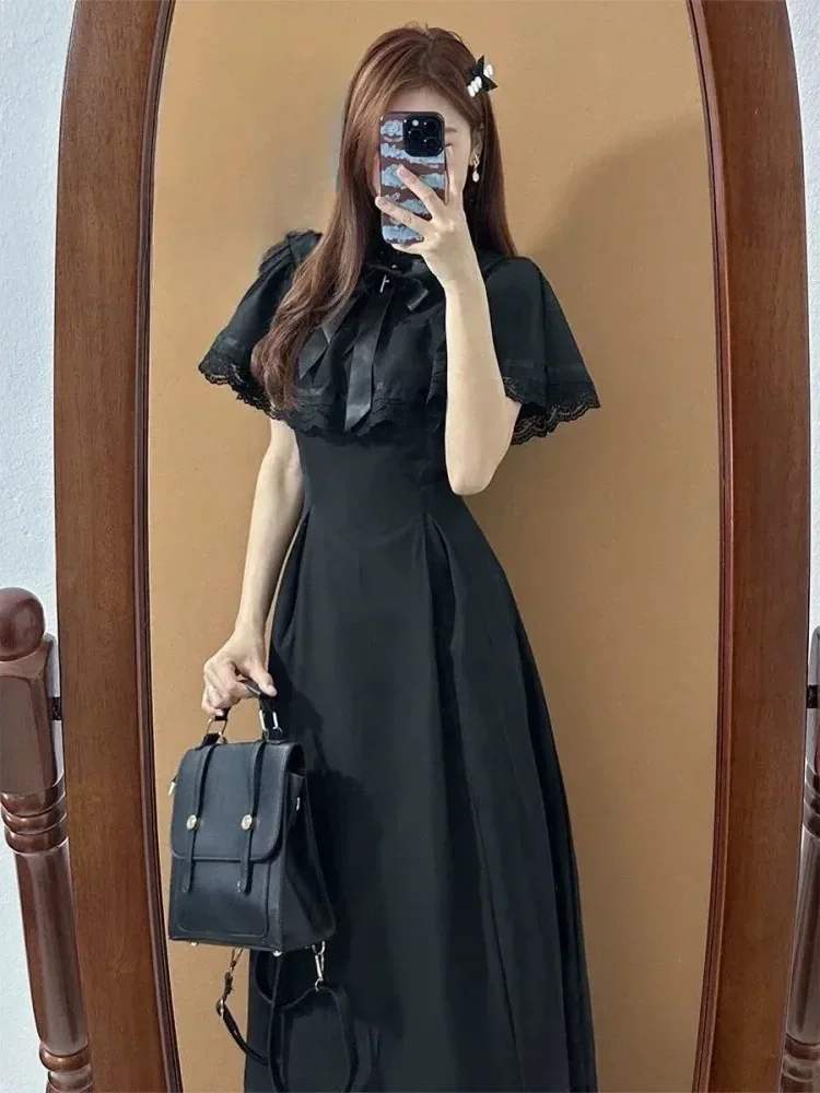 [DISKON KILAT]CHICMORE Gaun maxi lengan pendek dengan pita cantik di kerah warna solid elegant