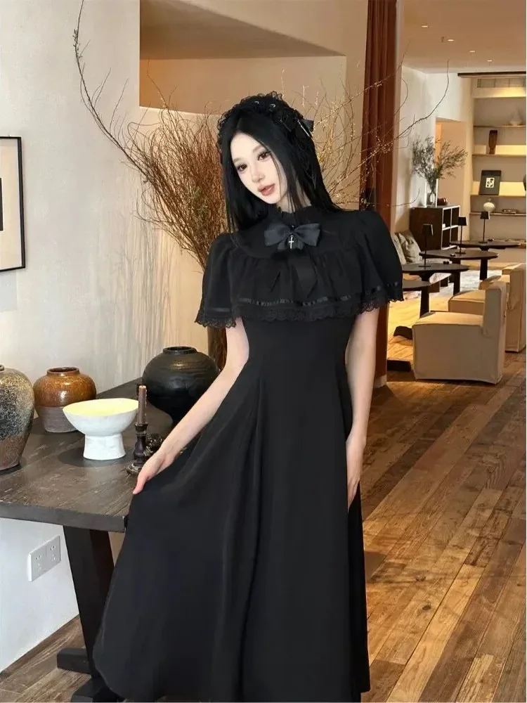 [DISKON KILAT]CHICMORE Gaun maxi lengan pendek dengan pita cantik di kerah warna solid elegant