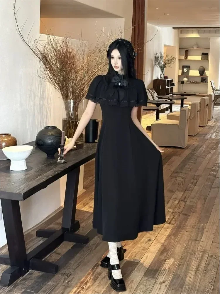[DISKON KILAT]CHICMORE Gaun maxi lengan pendek dengan pita cantik di kerah warna solid elegant