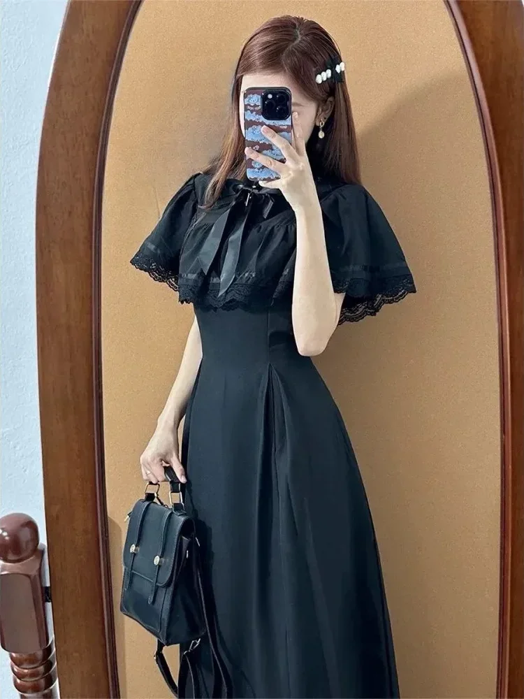 [DISKON KILAT]CHICMORE Gaun maxi lengan pendek dengan pita cantik di kerah warna solid elegant