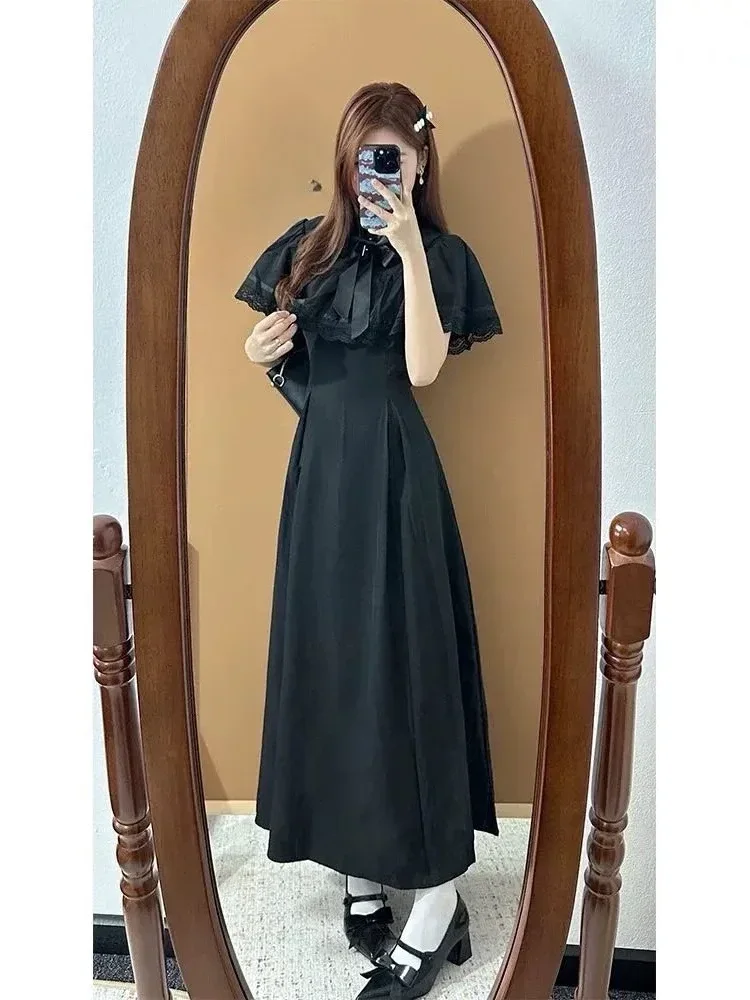 [DISKON KILAT]CHICMORE Gaun maxi lengan pendek dengan pita cantik di kerah warna solid elegant