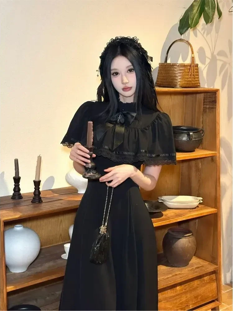 [DISKON KILAT]CHICMORE Gaun maxi lengan pendek dengan pita cantik di kerah warna solid elegant