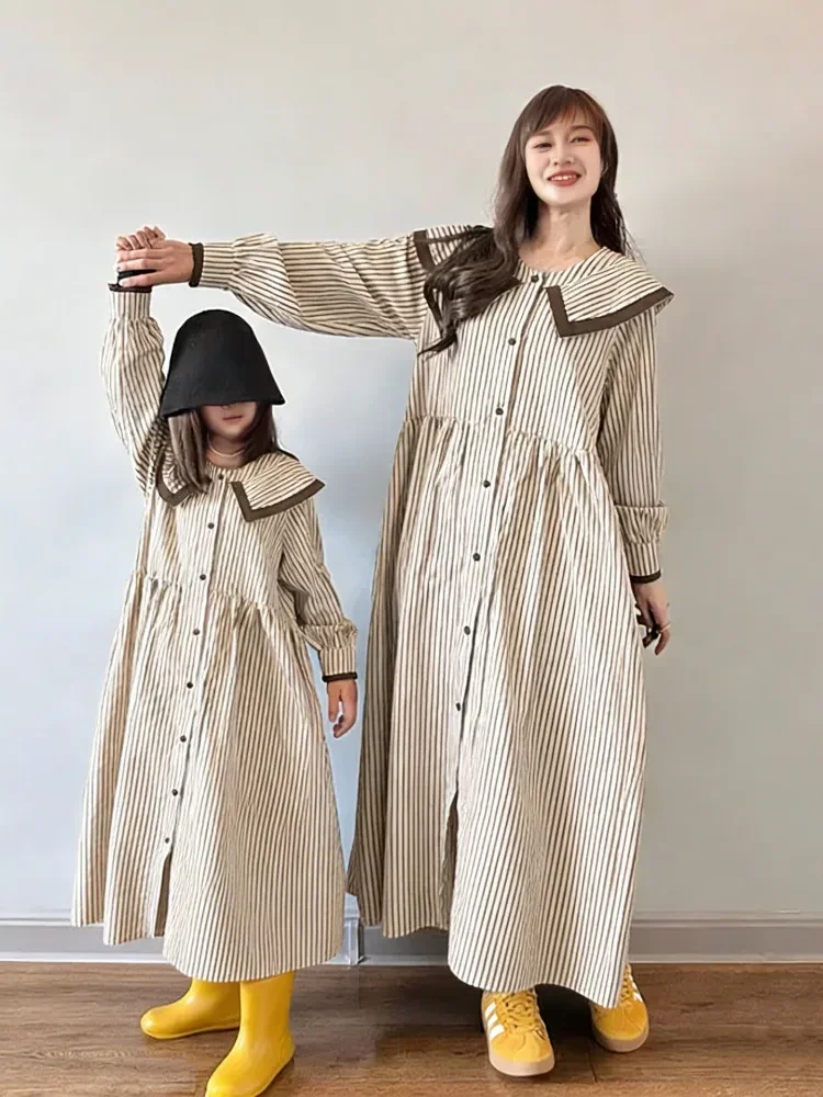 [DISKON KILAT]CHICMORE Gaun maxi lengan panjang dengan kerah boneka motif bergaris gaya korea