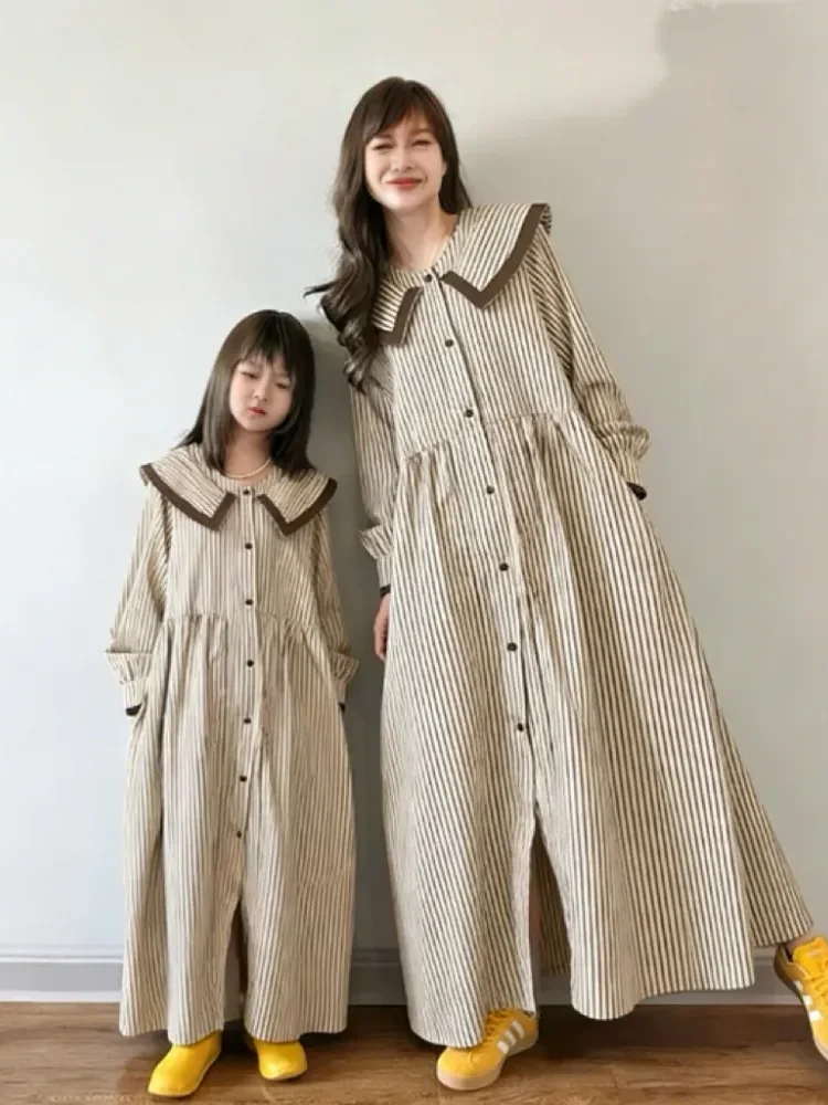 [DISKON KILAT]CHICMORE Gaun maxi lengan panjang dengan kerah boneka motif bergaris gaya korea