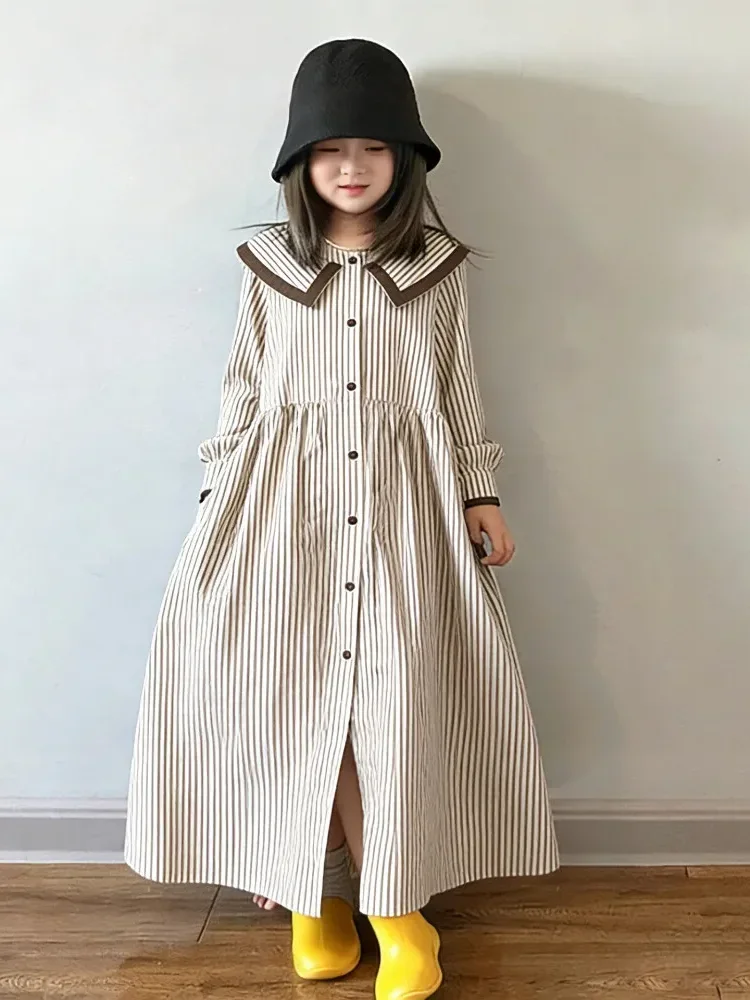 [DISKON KILAT]CHICMORE Gaun maxi lengan panjang dengan kerah boneka motif bergaris gaya korea