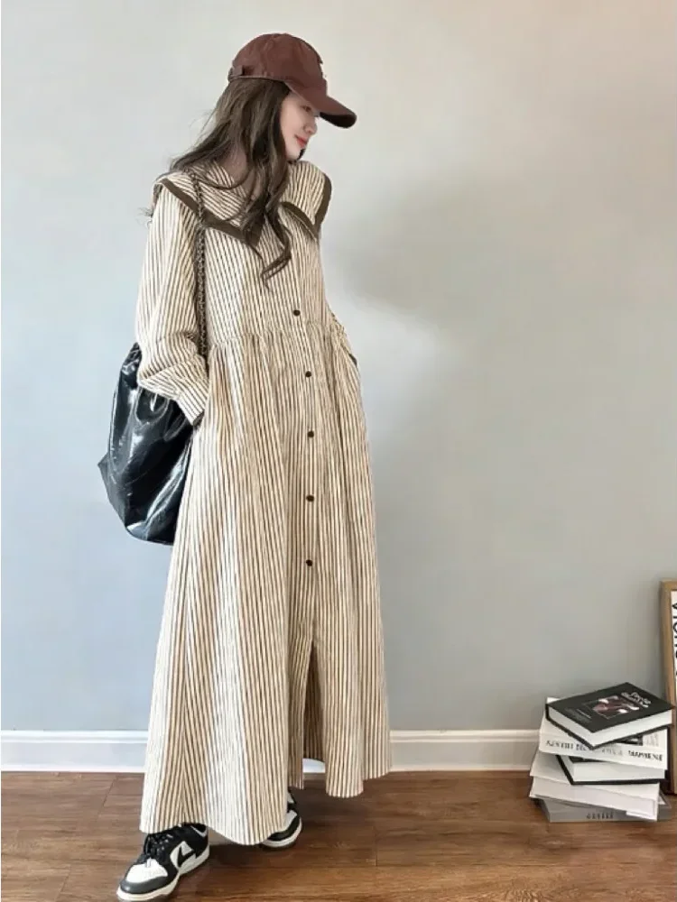 [DISKON KILAT]CHICMORE Gaun maxi lengan panjang dengan kerah boneka motif bergaris gaya korea