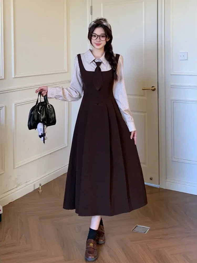 CHICMORE Gaun dua potong bergaya preppy desain ramping untuk wanita
