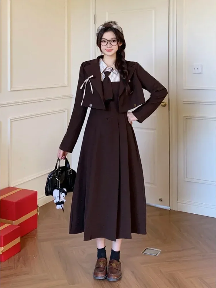 CHICMORE Gaun dua potong bergaya preppy desain ramping untuk wanita
