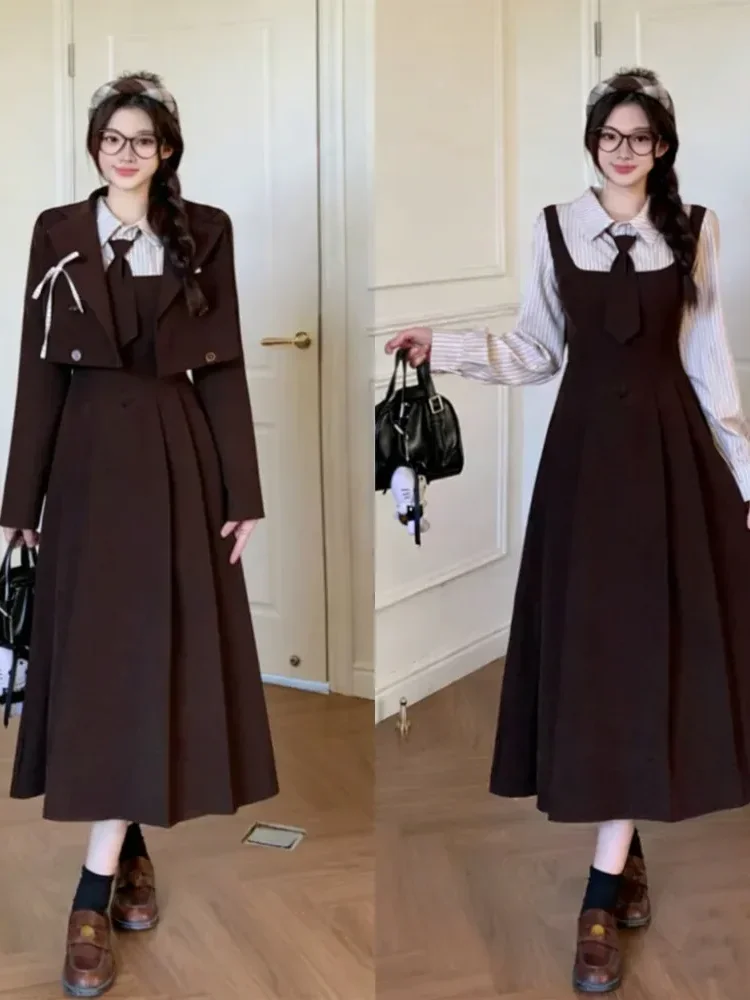CHICMORE Gaun dua potong bergaya preppy desain ramping untuk wanita