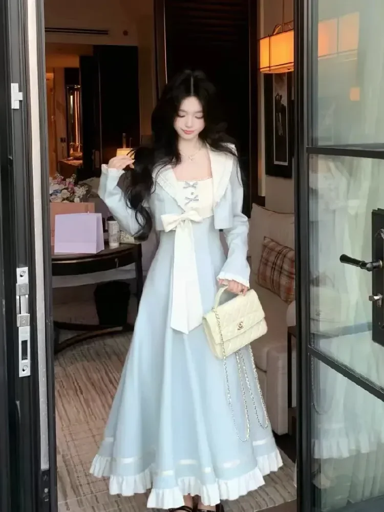 CHICMORE Gaun panjang bow tie dua potongan palsu biru putih gadis akademi