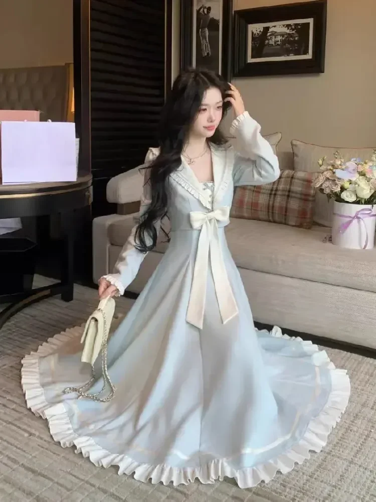 CHICMORE Gaun panjang bow tie dua potongan palsu biru putih gadis akademi