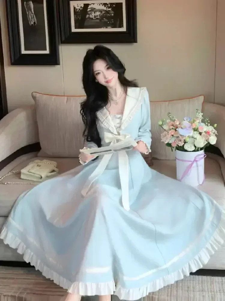 CHICMORE Gaun panjang bow tie dua potongan palsu biru putih gadis akademi