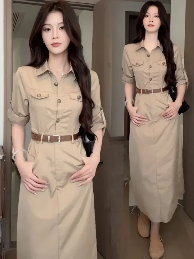 CHICMORE Gaun kemeja wanita lengan panjang gaya korea baru desain rampingkan pinggang berkerah.