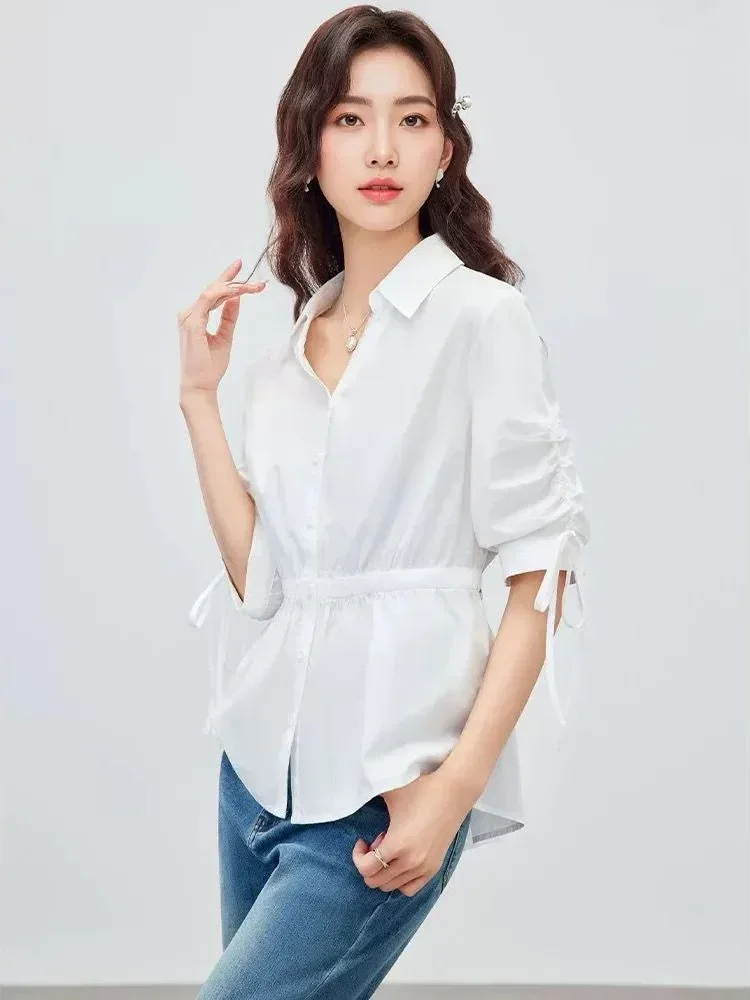 CHICMORE Atasan kemeja warna polos dengan model lengan serut dan kancing aktif