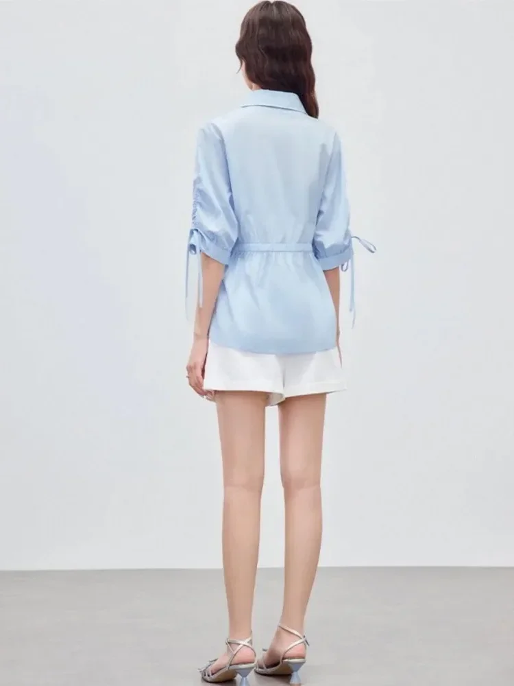 CHICMORE Atasan kemeja warna polos dengan model lengan serut dan kancing aktif