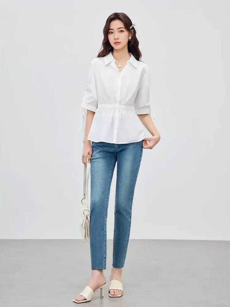 CHICMORE Atasan kemeja warna polos dengan model lengan serut dan kancing aktif