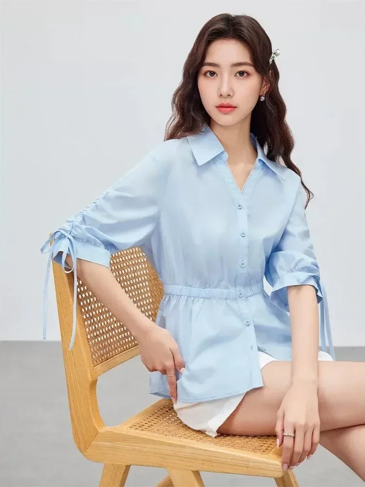 CHICMORE Atasan kemeja warna polos dengan model lengan serut dan kancing aktif