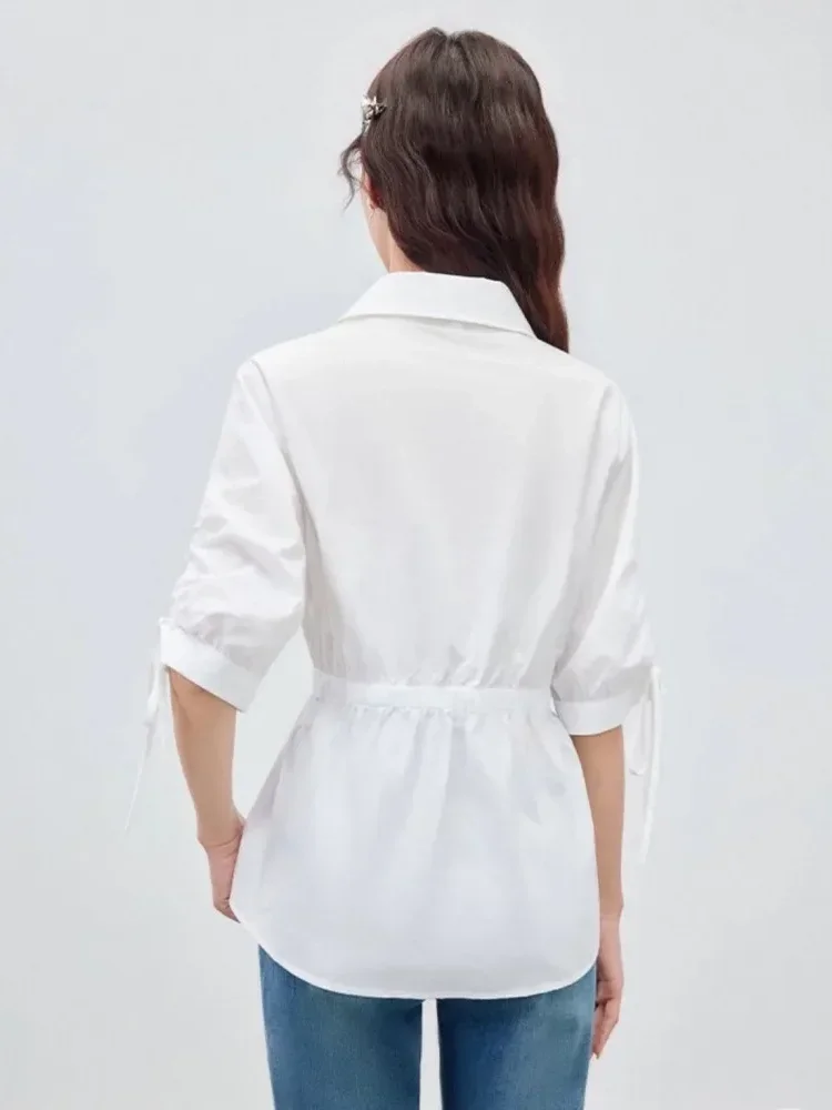 CHICMORE Atasan kemeja warna polos dengan model lengan serut dan kancing aktif