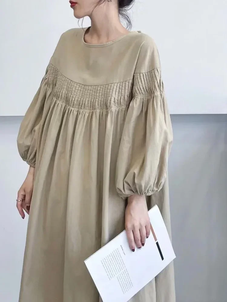 [NEW]CHICMORE Gaun leher bulat lengan lentera oversized