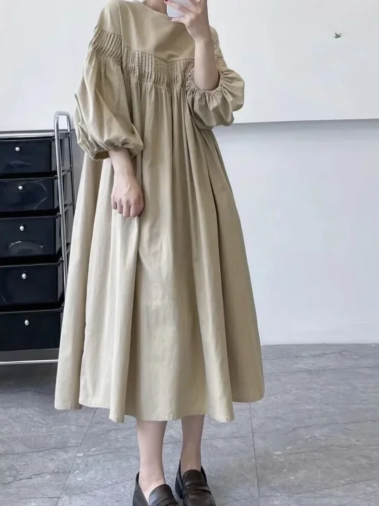 [NEW]CHICMORE Gaun leher bulat lengan lentera oversized