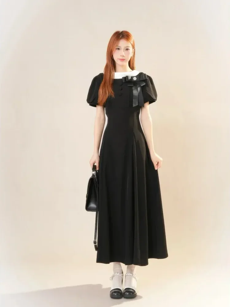 CHICMORE Gaun warna kontras elegan kerah bulat lengan puff detail cantik gaya korea