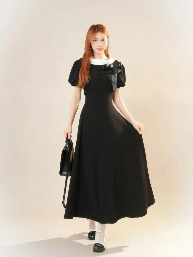 CHICMORE Gaun warna kontras elegan kerah bulat lengan puff detail cantik gaya korea