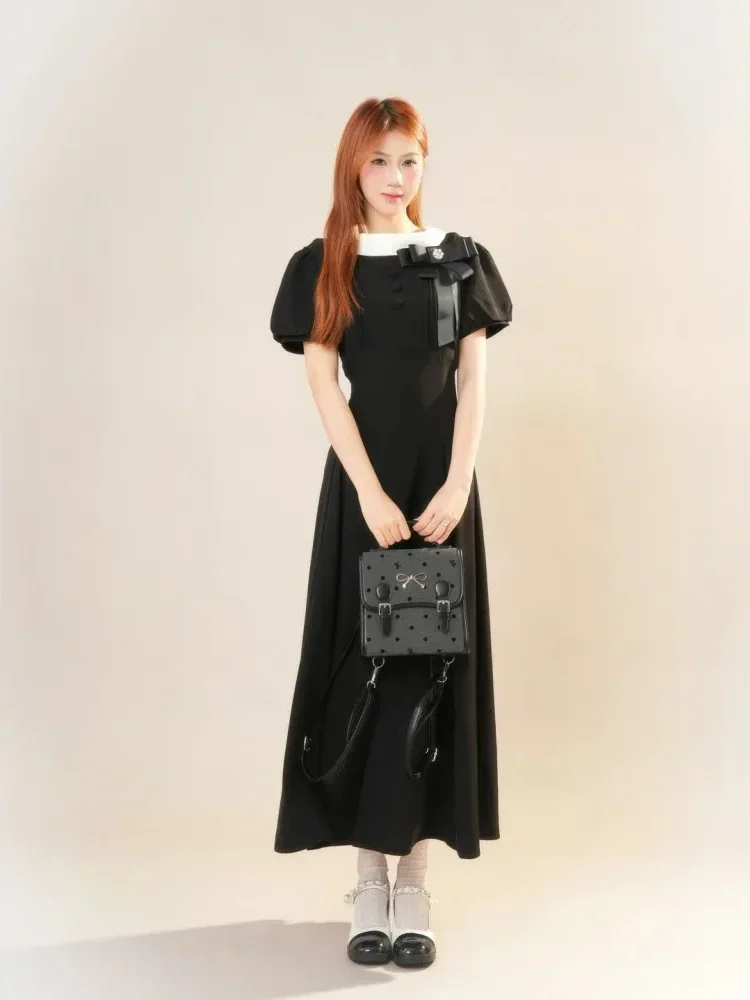 CHICMORE Gaun warna kontras elegan kerah bulat lengan puff detail cantik gaya korea