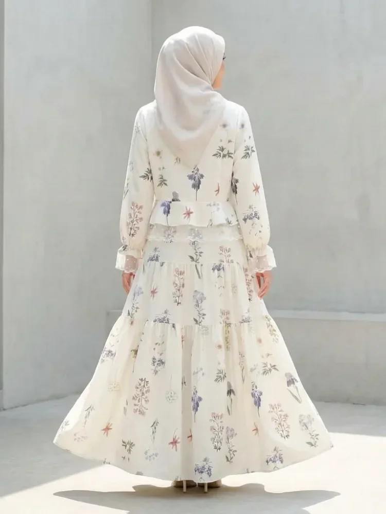 CHICMORE Set cantik wanita dengan cetakan bunga, kemeja lengan panjang renda, dan rok panjang dengan ruffle