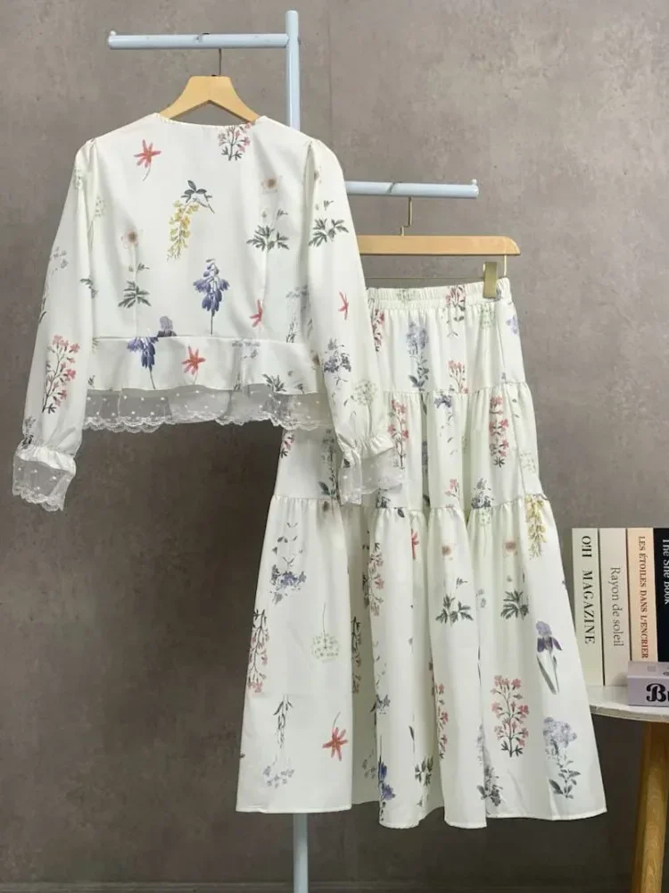 CHICMORE Set cantik wanita dengan cetakan bunga, kemeja lengan panjang renda, dan rok panjang dengan ruffle