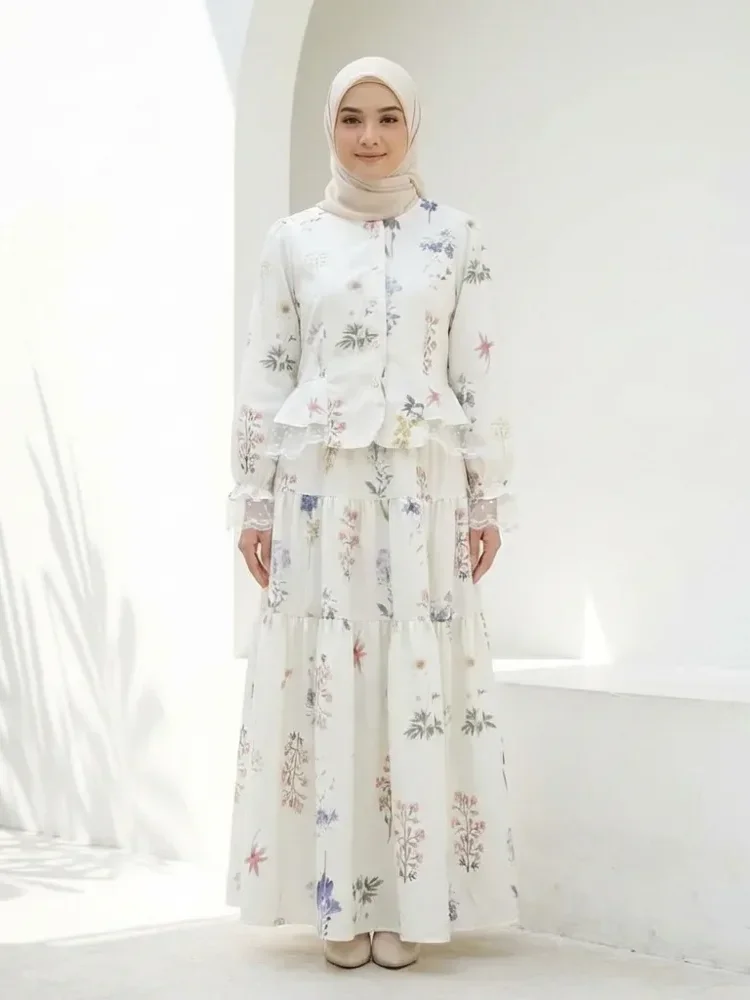 CHICMORE Set cantik wanita dengan cetakan bunga, kemeja lengan panjang renda, dan rok panjang dengan ruffle