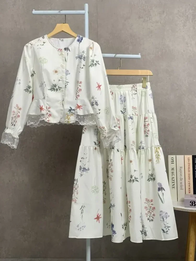 CHICMORE Set cantik wanita dengan cetakan bunga, kemeja lengan panjang renda, dan rok panjang dengan ruffle