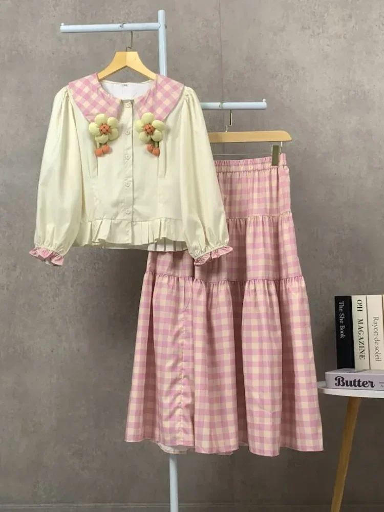 [NEW]CHICMORE Setelan atasan dan rok wanita dengan kemeja elegan bermotif kotak-kotak retro dan bunga timbul