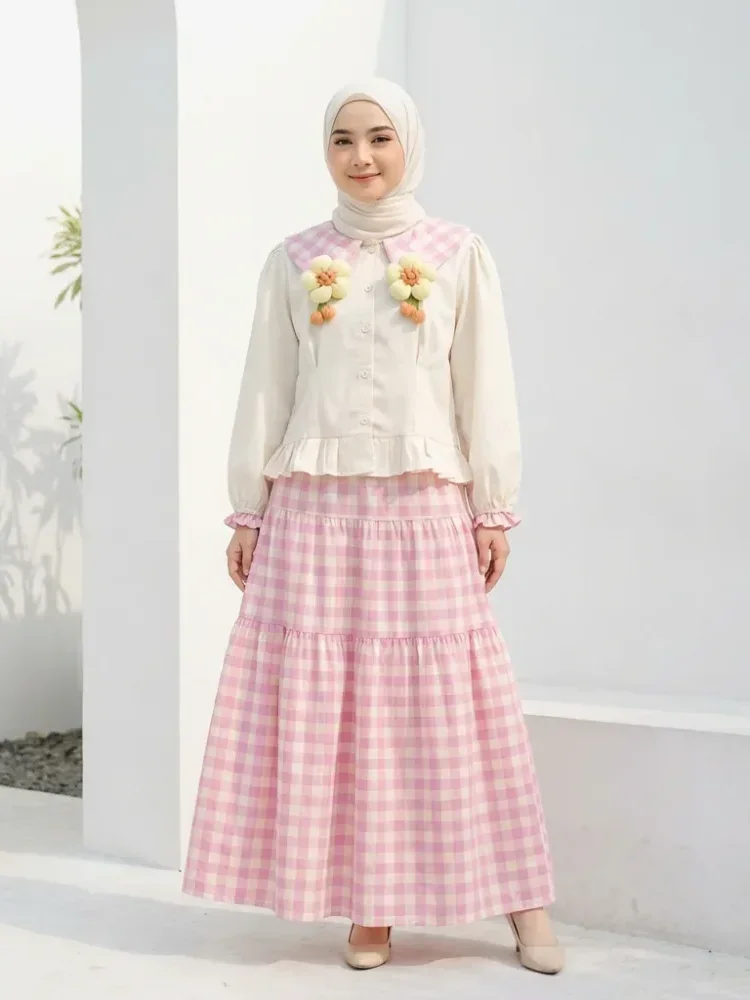 [NEW]CHICMORE Setelan atasan dan rok wanita dengan kemeja elegan bermotif kotak-kotak retro dan bunga timbul