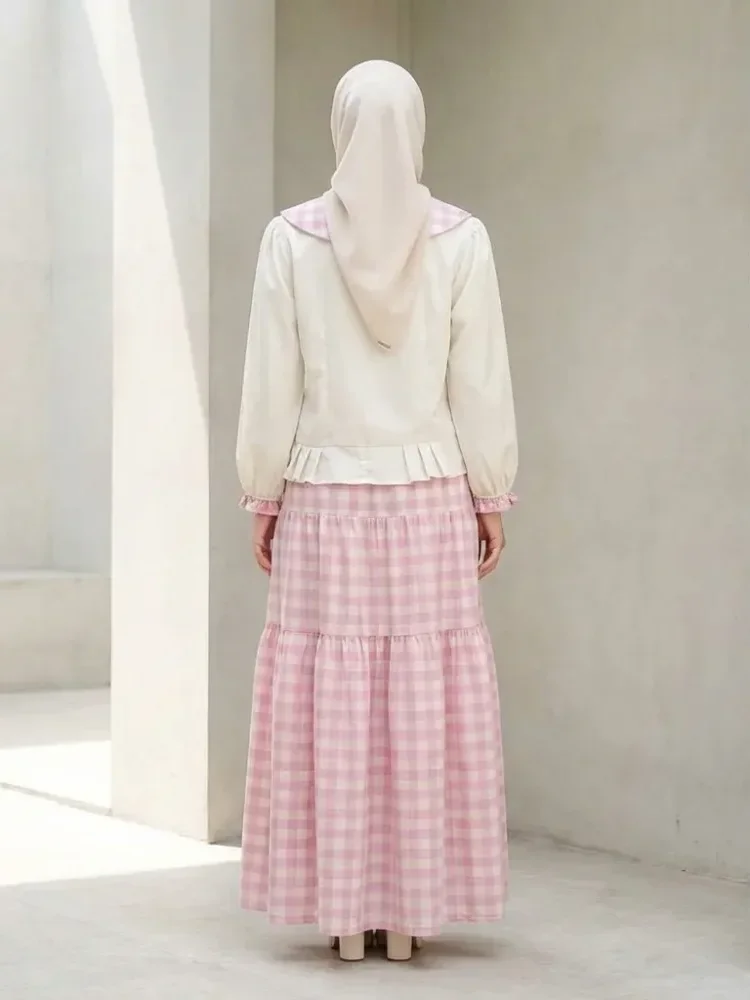 [NEW]CHICMORE Setelan atasan dan rok wanita dengan kemeja elegan bermotif kotak-kotak retro dan bunga timbul