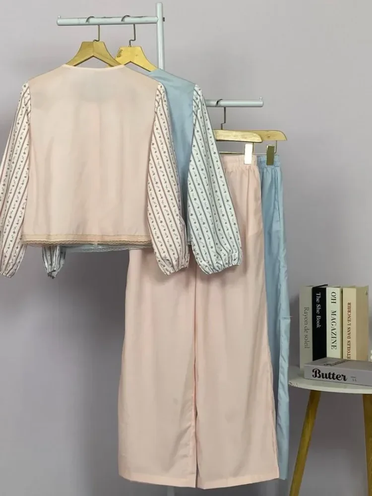 [DISKON KILAT]CHICMORE Atasan lengan panjang warna polos dengan bordir bunga peri, renda, dikombinasikan dengan cetakan bunga dan dipadukan dengan celana panjang kaki lebar