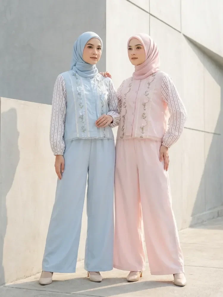 [DISKON KILAT]CHICMORE Atasan lengan panjang warna polos dengan bordir bunga peri, renda, dikombinasikan dengan cetakan bunga dan dipadukan dengan celana panjang kaki lebar