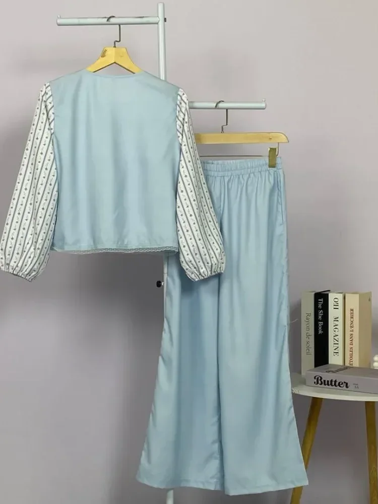 [DISKON KILAT]CHICMORE Atasan lengan panjang warna polos dengan bordir bunga peri, renda, dikombinasikan dengan cetakan bunga dan dipadukan dengan celana panjang kaki lebar