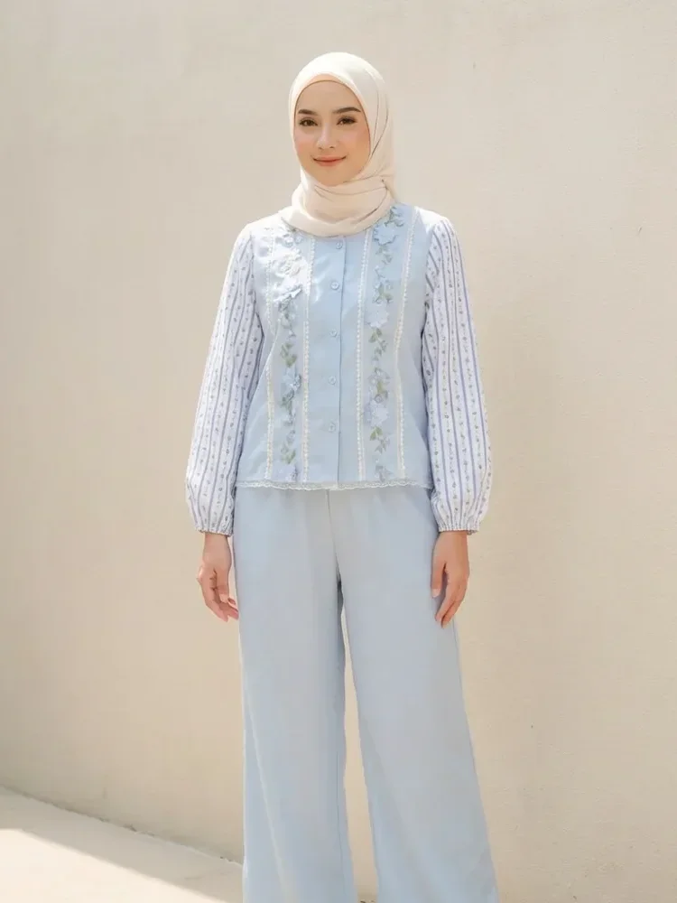 [DISKON KILAT]CHICMORE Atasan lengan panjang warna polos dengan bordir bunga peri, renda, dikombinasikan dengan cetakan bunga dan dipadukan dengan celana panjang kaki lebar
