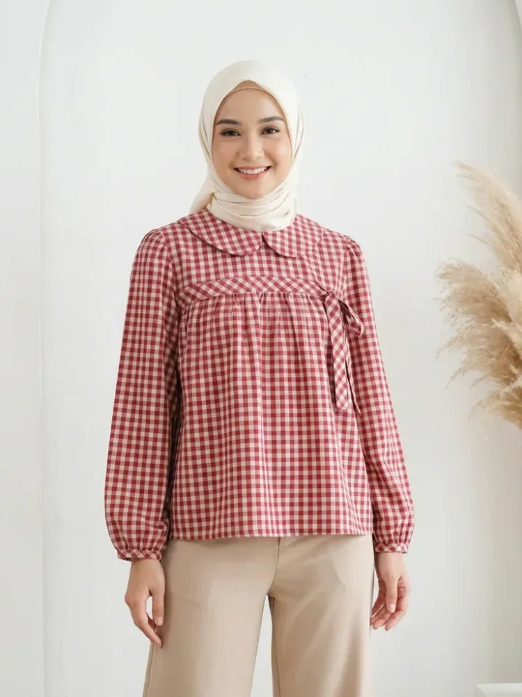 [NEW]CHICMORE Atasan kemeja wanita modern kerah boneka dengan motif kotak dan pita di depan