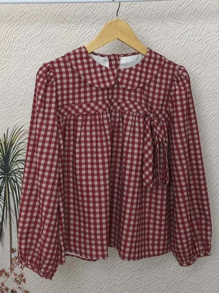 [NEW]CHICMORE Atasan kemeja wanita modern kerah boneka dengan motif kotak dan pita di depan