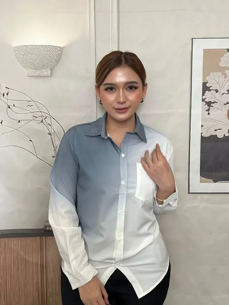CHICMORE Atasan kemeja korean style dengan warna gradasi dan kerah polo
