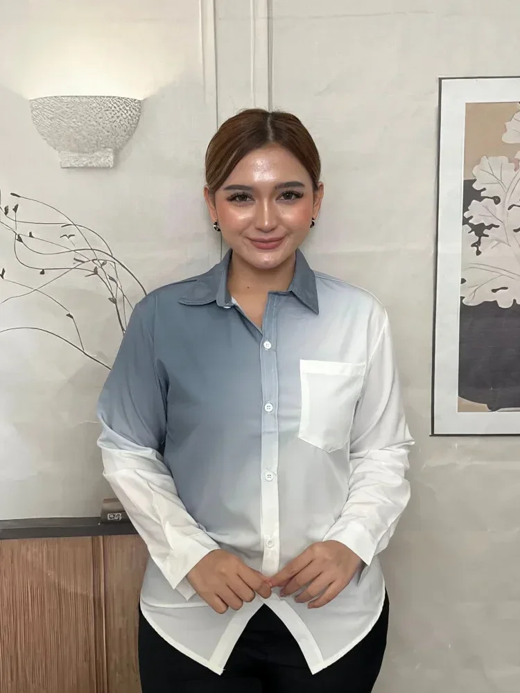 CHICMORE Atasan kemeja korean style dengan warna gradasi dan kerah polo