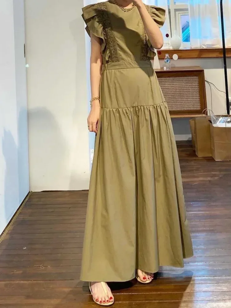CHICMORE Gaun kerah bulat high waist panjang gaya kasual motif polos trendi