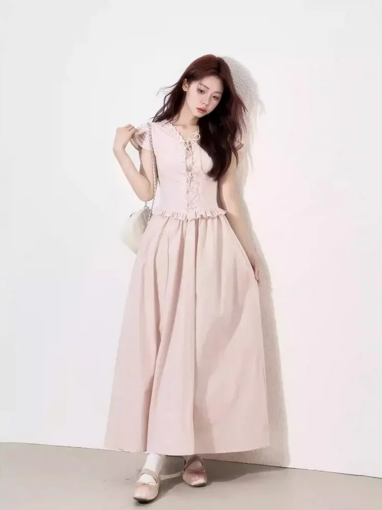 [DISKON KILAT]CHICMORE Gaun lengan pendek dengan variasi tali ikat cantik feminine