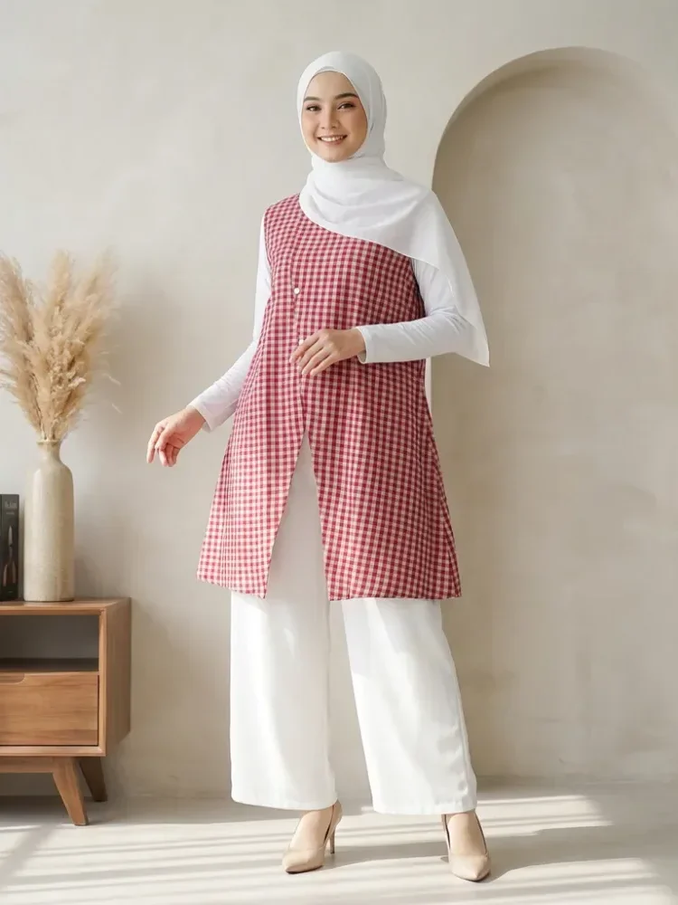 [DISKON KILAT]CHICMORE Rompi tanpa lengan bercabang tidak teratur wanita musim panas baru celana kotak-kotak longgar kaki lebar dua potong set