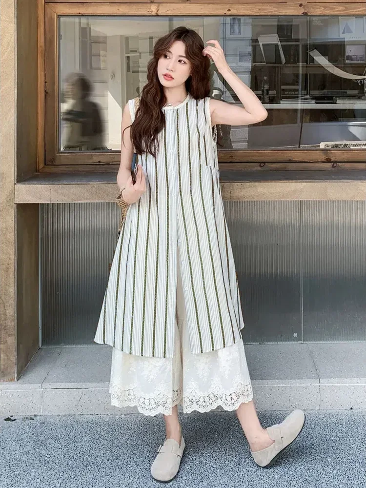CHICMORE Setelan atasan motif gatis - garis + celana panjang dengan gaya kasual untuk wanita