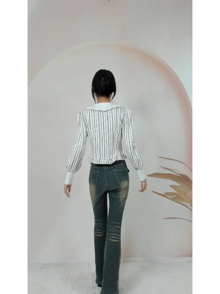 FADFAD Atasan lengan panjang slim fit garis-garis untuk wanita